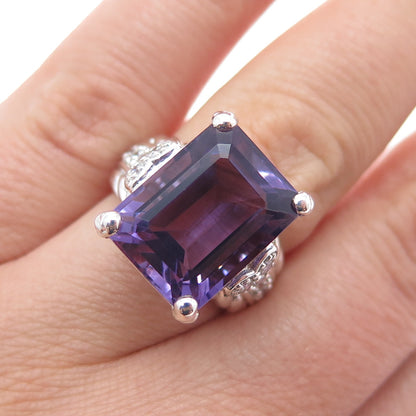 JUDITH RIPKA 925 Sterling Silver Real Emerald-Cut Amethyst & C Z Ring Size 6.25