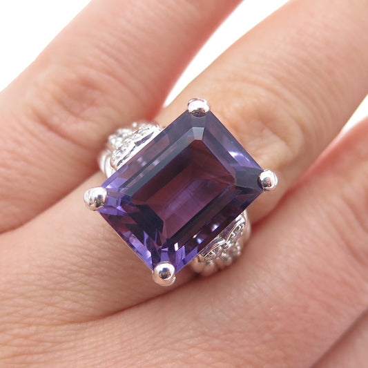 JUDITH RIPKA 925 Sterling Silver Real Emerald-Cut Amethyst & C Z Ring Size 6.25
