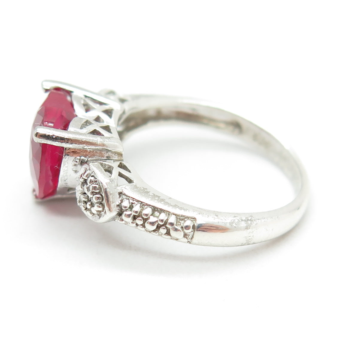 925 Sterling Silver Real Diamond & Lab-Created Ruby Heart Ring Size 7.5