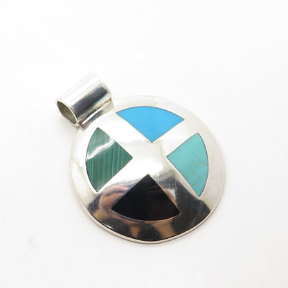 925 Sterling Silver Vintage Mexico Turquoise Malachite Black Onyx Round Pendant