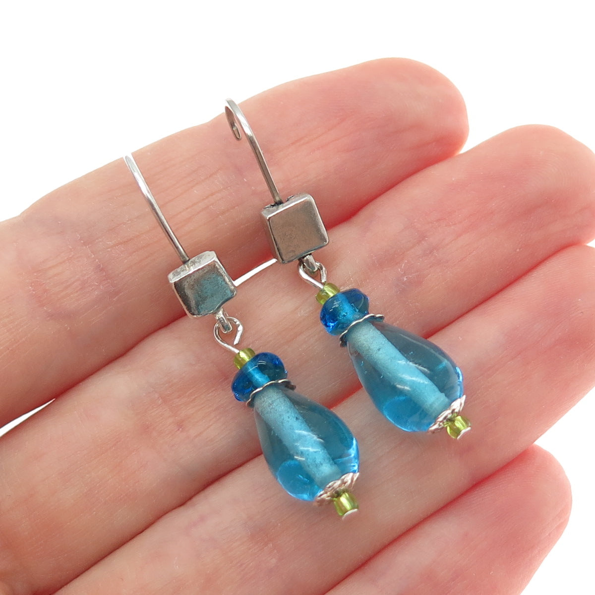 925 Sterling Silver Vintage Blue Glass Modernist Teardrop Dangle Earrings