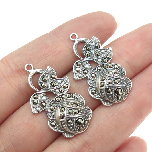 925 Sterling Silver Antique Art Deco Marcasite Gem Rose Floral Jacket Earrings