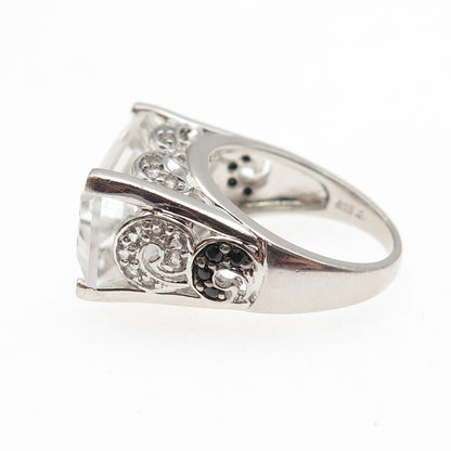 925 Sterling Silver Real White Topaz & Black Spinel Ring Size 6
