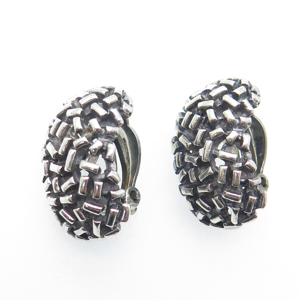 925 Sterling Silver Vintage Mexico Brutalist Oxidized Clip On Earrings
