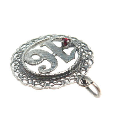 925 Sterling Silver Vintage Red Glass Sweet 16 Ornate Pendant