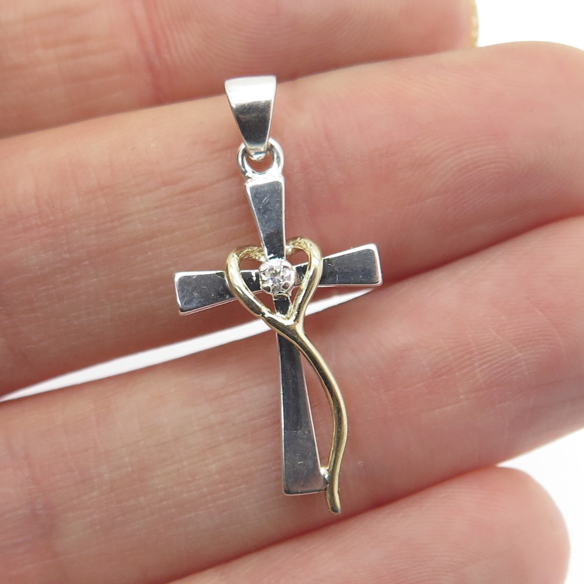 925 Sterling Silver 2-Tone Round-Cut C Z Heart Cross Pendant