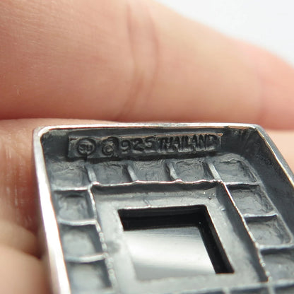 925 Sterling Silver Vintage Sunstone Imports Black Onyx Gem Square Pendant