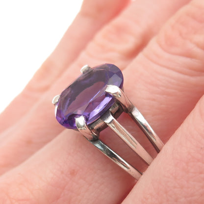 925 Sterling Silver Vintage Real Amethyst Modernist Oxidized Ring Size 9.5