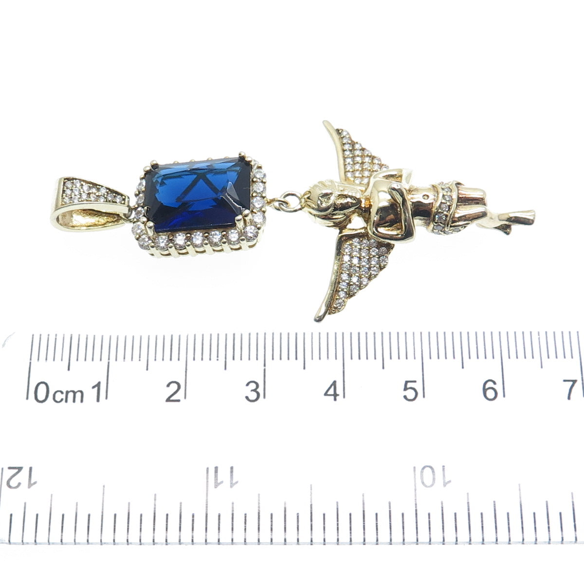 DESIGNS BY YAGI 925 Sterling Silver Gold Plated Blue & White C Z Cherub Pendant