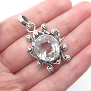 925 Sterling Silver Vintage Real Clear Quartz Beaded Oxidized Charm Pendant