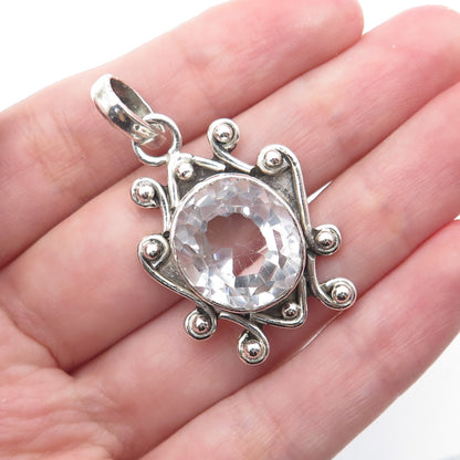 925 Sterling Silver Vintage Real Clear Quartz Beaded Oxidized Charm Pendant