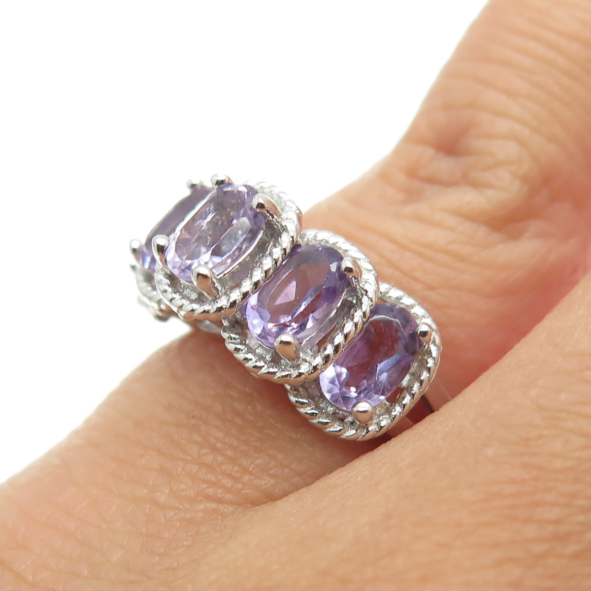 925 Sterling Silver Real Amethyst Gemstone Twisted Accent Ring Size 5