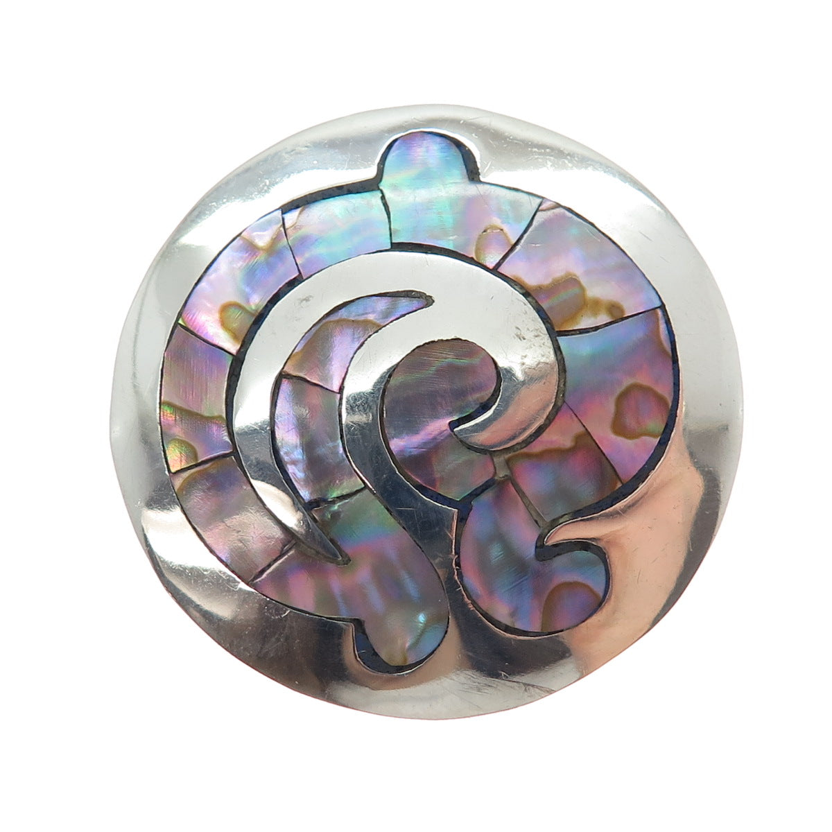 925 Sterling Silver Vintage Mexico Real Abalone Shell Tribal Symbol Pin Brooch