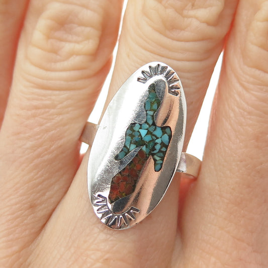 Old Pawn 925 Sterling Silver Vintage Turquoise Coral Inlay Peyote Ring Size 9.25