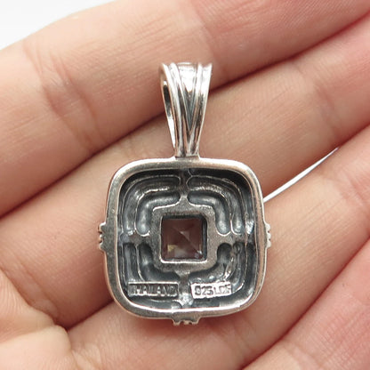925 Sterling Silver Vintage Real Blue Topaz Gem Beaded Square Pendant
