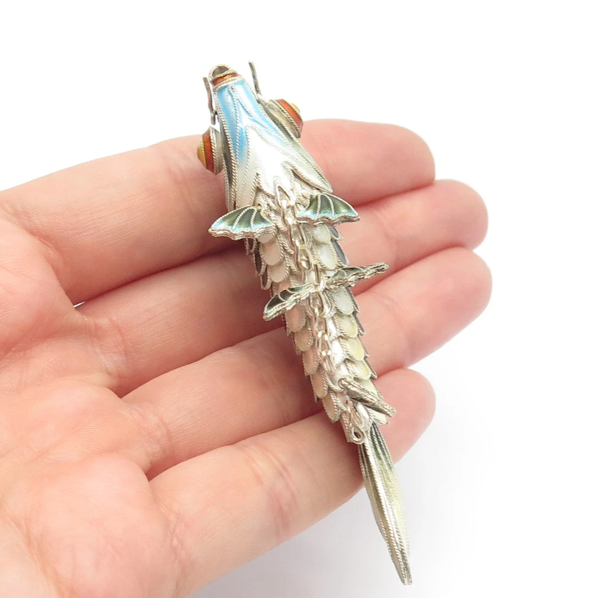 925 Sterling Silver Enamel Antique Chinese Koi Fish Chatelaine Pendant / Fob