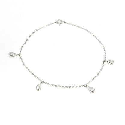 925 Sterling Silver Pear-Cut Shaped C Z Station Cable Link Anklet / Bracelet 10"