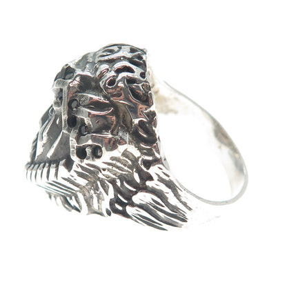 925 Sterling Vintage Real Black Diamond Jesus Ring Size 12.75 (missing 3 stone)