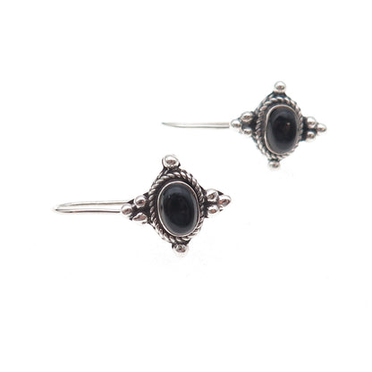 925 Sterling Silver Vintage Real Black Onyx Beaded Oxidized Earrings