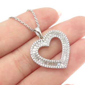 925 Sterling Silver Tapered Baguette & Round C Z Heart Cable Chain Necklace 16"