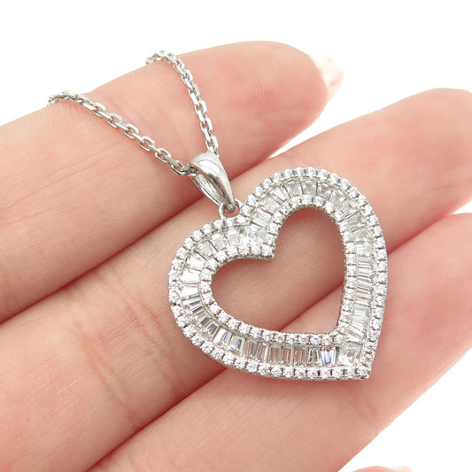 925 Sterling Silver Tapered Baguette & Round C Z Heart Cable Chain Necklace 16"