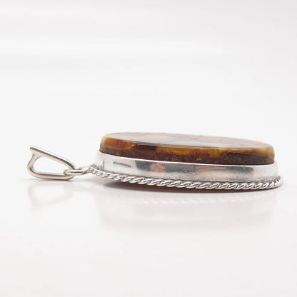 925 Sterling Silver Vintage Real Amber Twisted Oval Pendant
