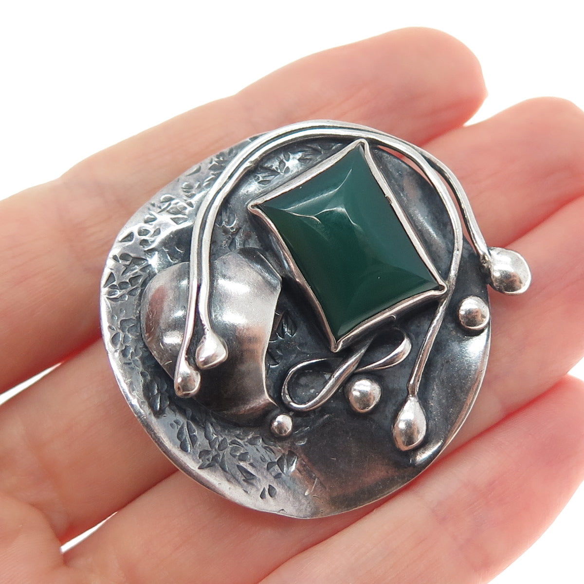 JM Joseph Masaniello Sterling Silver Vintage Real Green Onyx Leaf Brooch Pendant