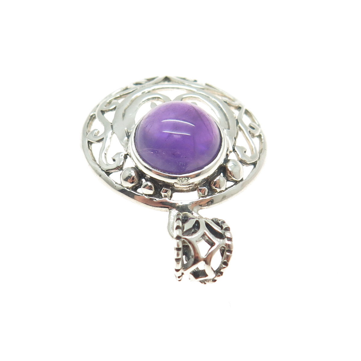 925 Sterling Silver Vintage Real Amethyst Gemstone Swirl Ornate Pendant