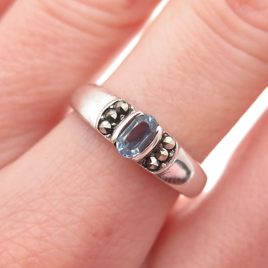 925 Sterling Silver Vintage Real Blue Topaz & Marcasite Ring Size 6.25