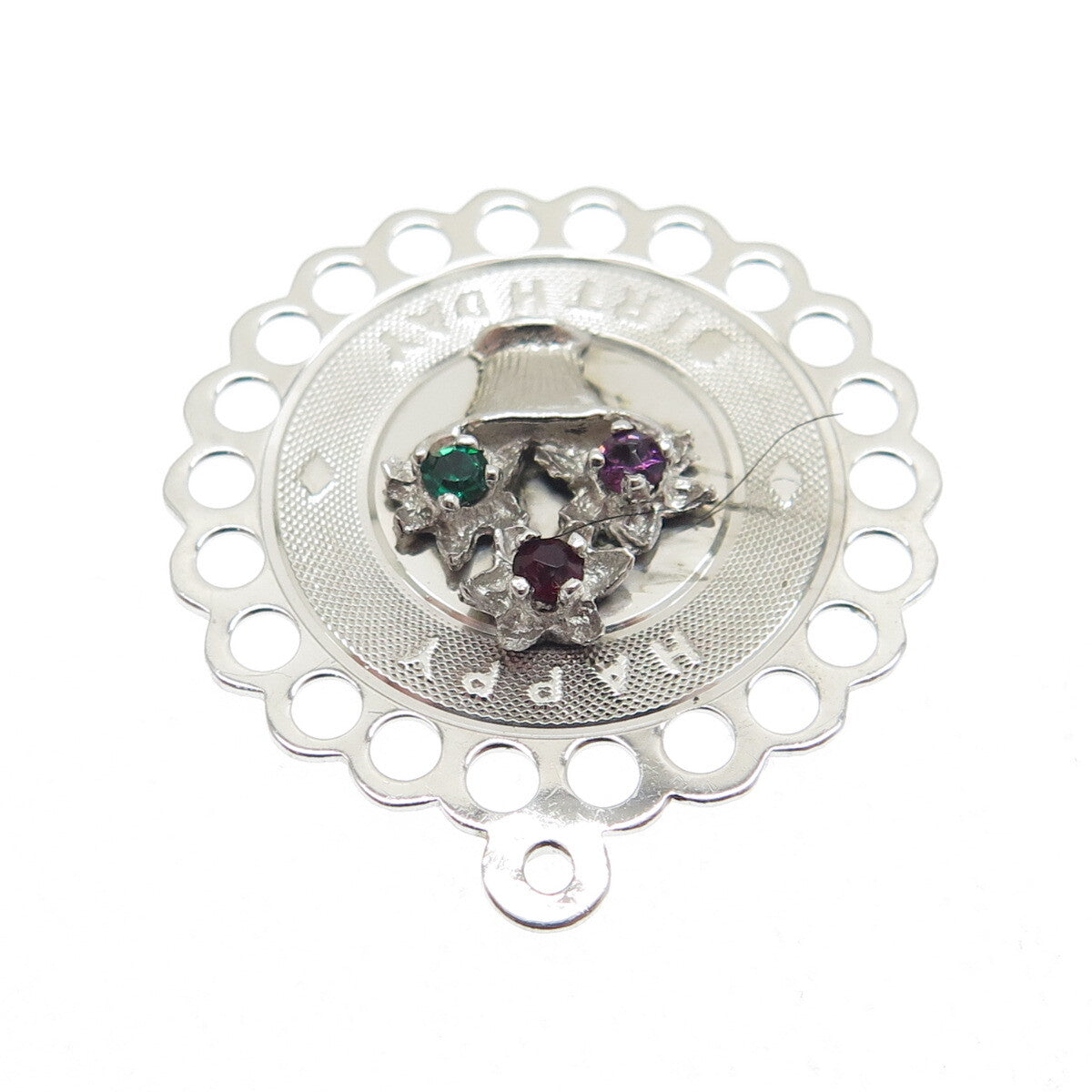 TOWN & COUTRY 925 Sterling Vintage Rhinestone "Happy Birthday" Flower Pendant