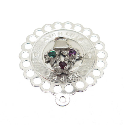TOWN & COUTRY 925 Sterling Vintage Rhinestone "Happy Birthday" Flower Pendant