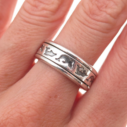 925 Sterling Silver Vintage Mexico Dolphin Rotating Oxidized Band Ring Size 8.25
