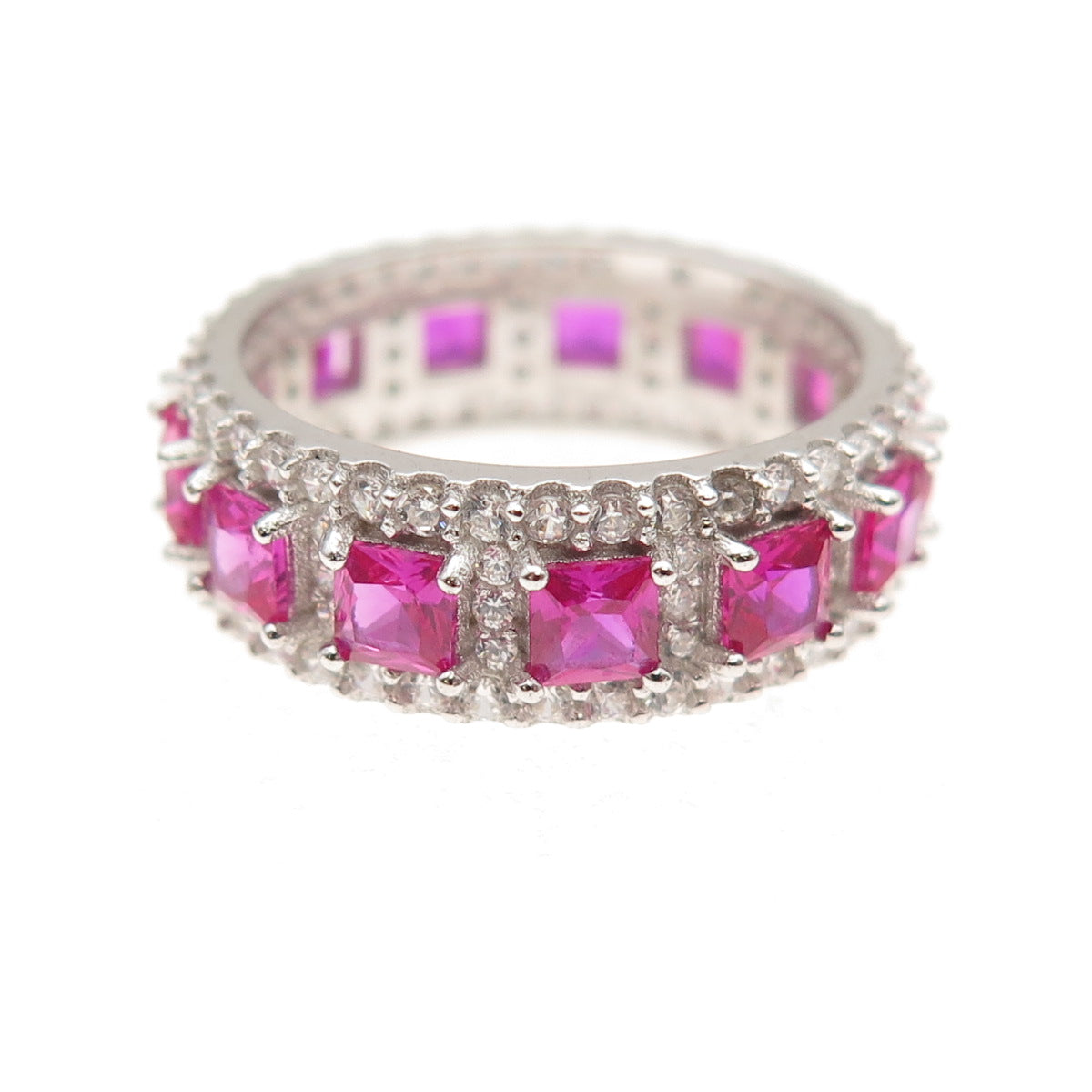 925 Sterling Silver Lab-Created Ruby & C Z Eternity Band Ring Size 5.5