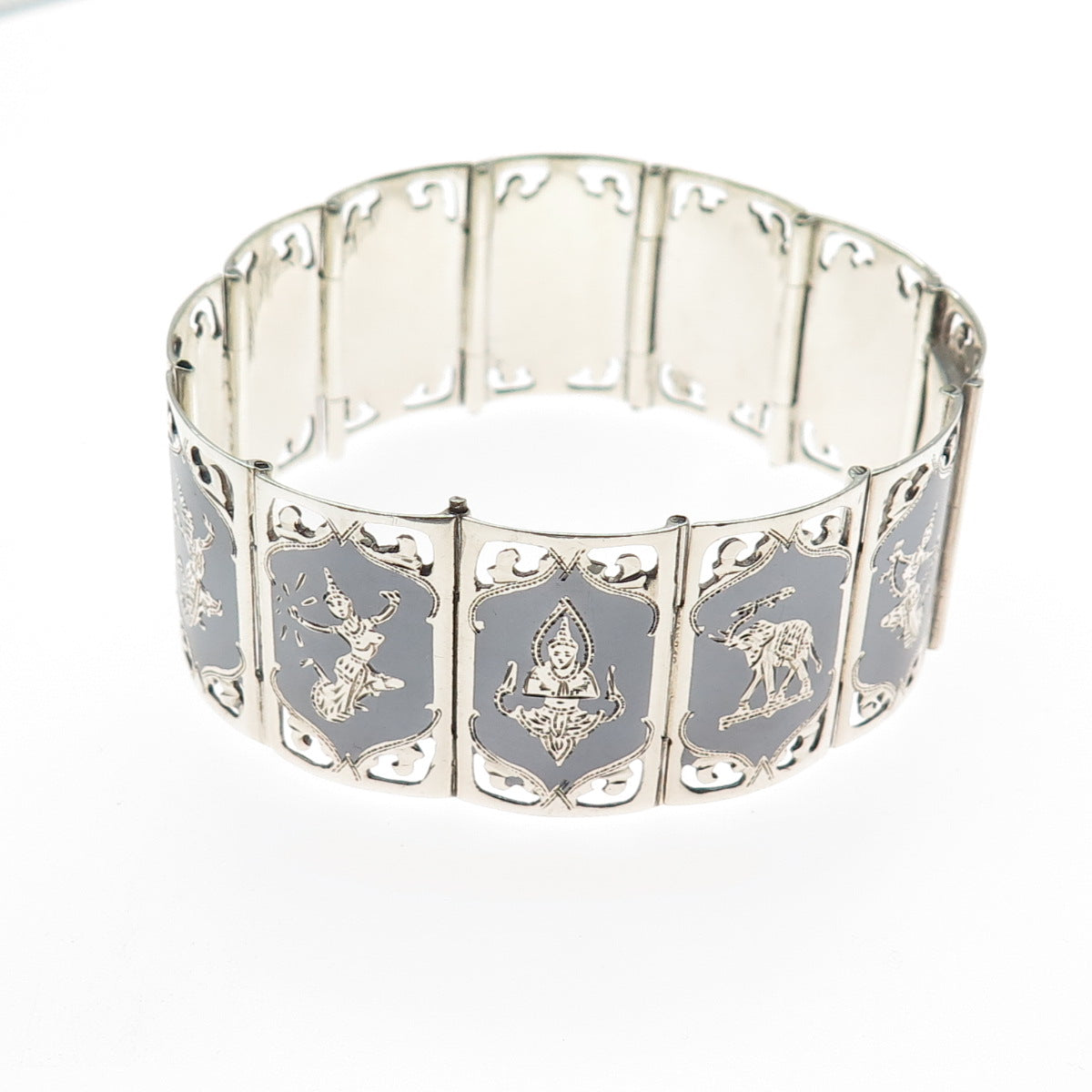 925 Sterling Silver Antique Siam Niello Hindu Goddess Panel Link Bracelet 6.75"
