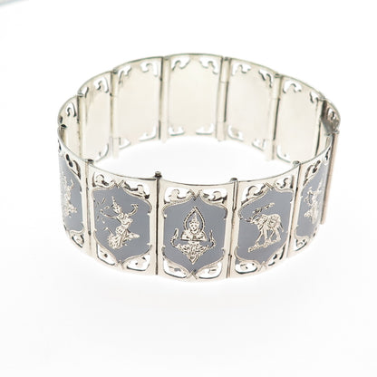 925 Sterling Silver Antique Siam Niello Hindu Goddess Panel Link Bracelet 6.75"