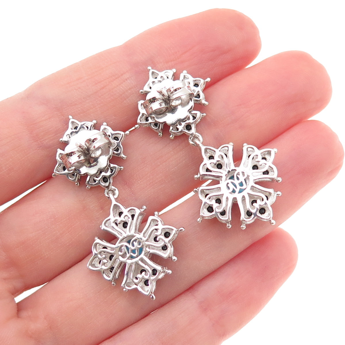 925 Sterling Silver Real Turquoise & Black Spinel Floral Cross Dangle Earrings
