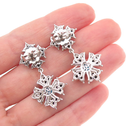 925 Sterling Silver Real Turquoise & Black Spinel Floral Cross Dangle Earrings