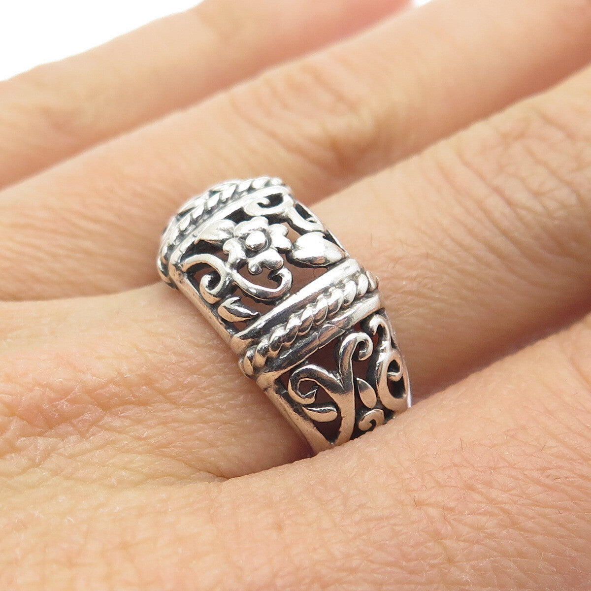 CFJ Collins Fine Jewelry 925 Sterling Silver Vintage Flower Oxidized Ring Size 8