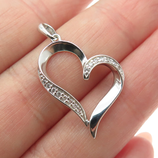 925 Sterling Silver Real Round-Cut Diamond Heart Charm Pendant