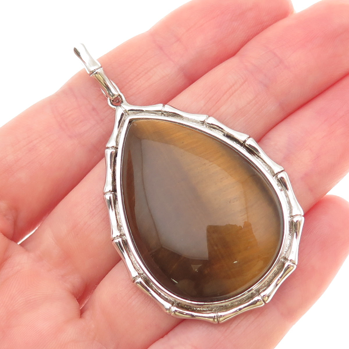 925 Sterling Silver Vintage Real Tiger Eye Bamboo Teardrop Pendant