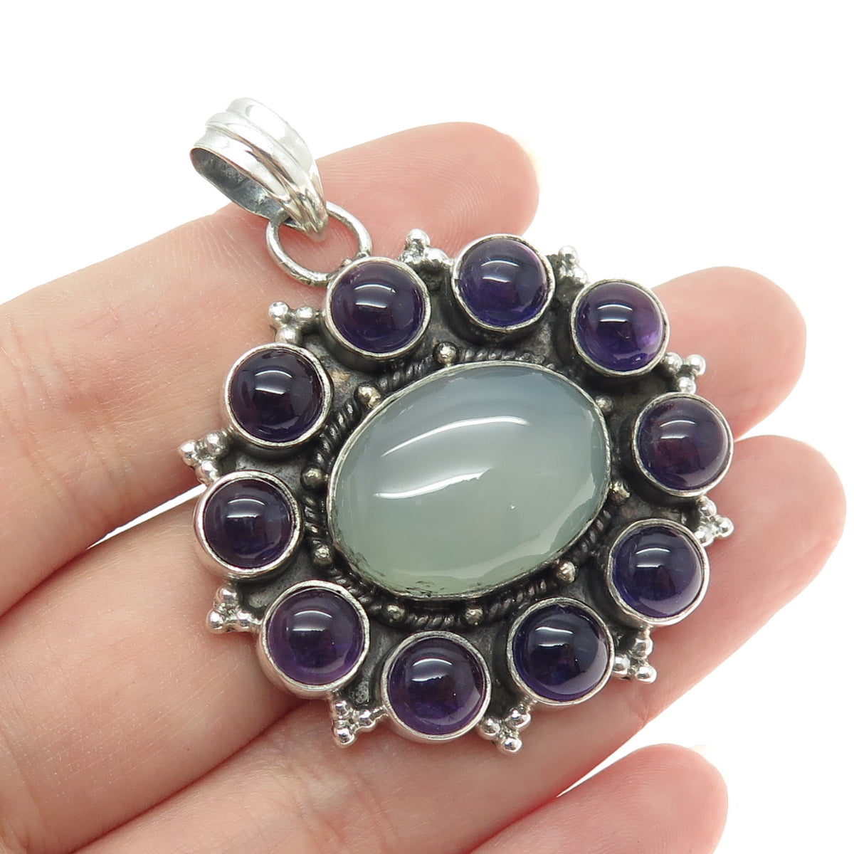 925 Sterling Silver Vintage Real Chalcedony & Amethyst Modernist Floral Pendant