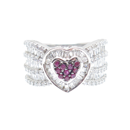 925 Sterling Silver Real Round-Cut Ruby & C Z Heart Ring Size 7.25