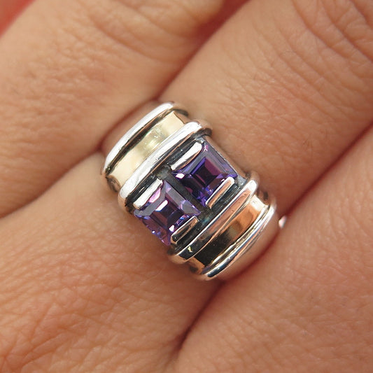 14K Gold & 925 Sterling Silver Vintage Real Amethyst Modernist Ring Size 7.25