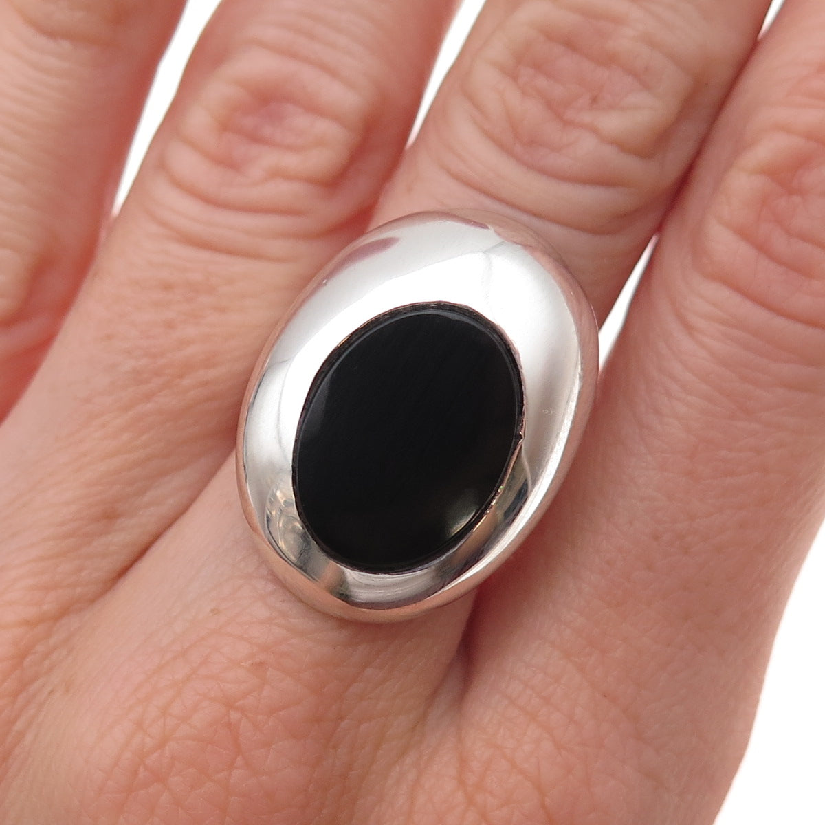 925 Sterling Silver Vintage Real Black Onyx Modernist Oxidized Ring Size 6.25