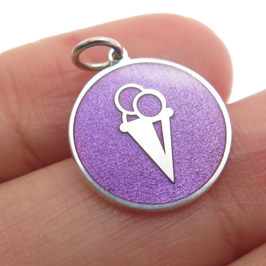 925 Sterling Silver Purple Enamel Ice Cream Round Tag Minimalist Charm Pendant