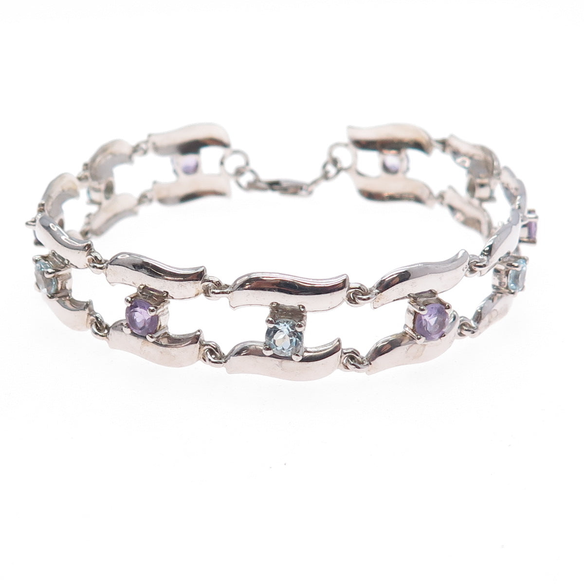 925 Sterling Silver Vintage Real Amethyst & Blue Topaz Modernist Bracelet 7.25"