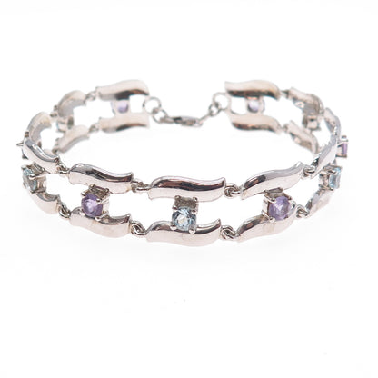 925 Sterling Silver Vintage Real Amethyst & Blue Topaz Modernist Bracelet 7.25"