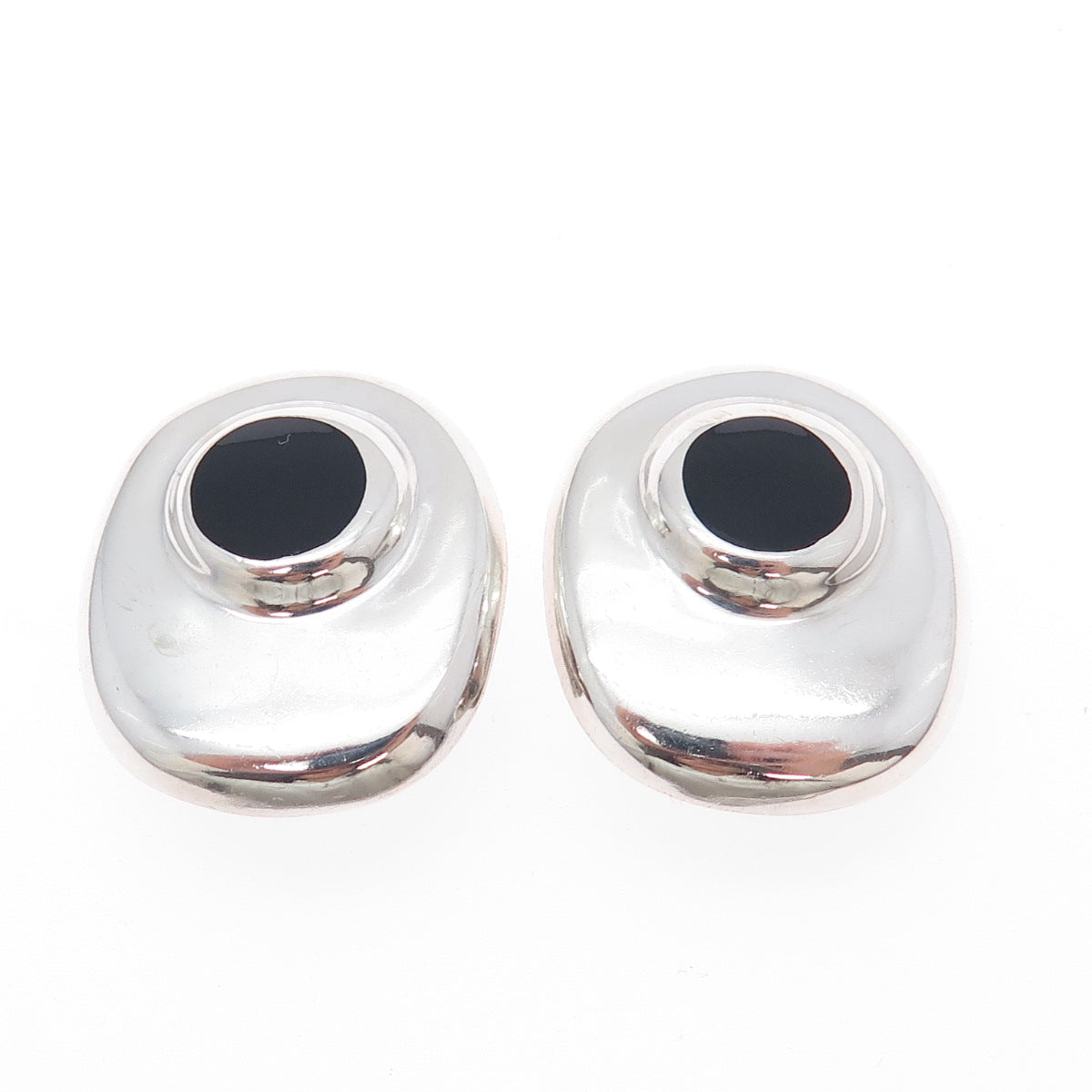 925 Sterling Silver Vintage Mexico Real Black Onyx Modernist Clip On Earrings