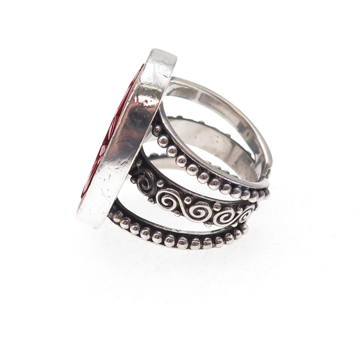 Sajen 925 Sterling Silver Vintage Carved Cinnabar Adjustable Ring Size 9.25