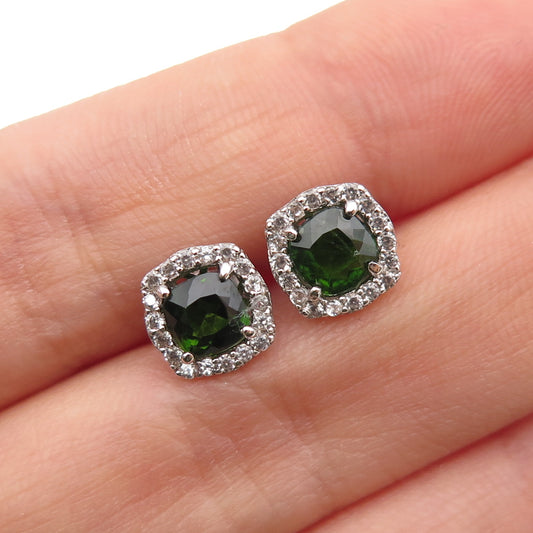 925 Sterling Silver Cushion-Cut Green & Round-Cut White C Z Stud Earrings